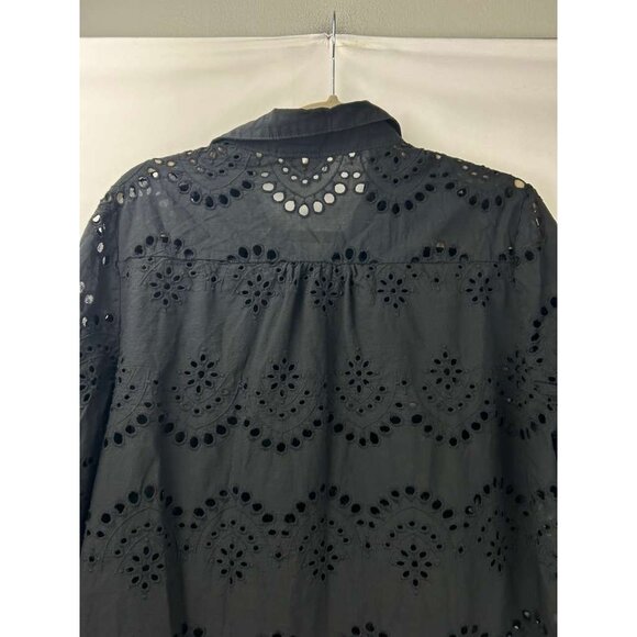 Adiva Women's Large Roll Sleeve Tab Black Eyelet Tunic Button Front Top Cover Up - Picture 12 of 16